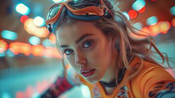 Skater in vibrant attire captures energy of a roller rink at night. photo