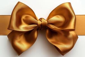 Elegant golden bow tied neatly on a smooth ribbon for special occasions and decorations. photo