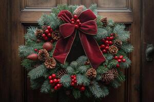 Festive holiday wreath adorned with red berries and pinecones welcomes guests at the wooden door. photo
