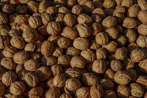 Shelled walnuts spread across a rustic wooden surface under warm sunlight in a vibrant market setting photo
