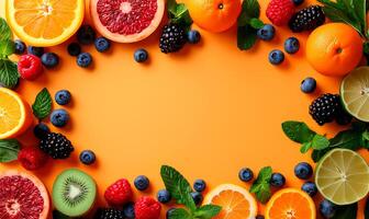 Fresh fruits and vegetables arranged in a frame on an orange background photo