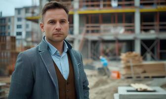 A man in a suit standing in front of a building photo