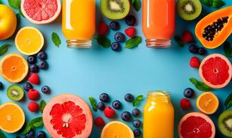 Fresh fruit juice on blue background with copy space photo