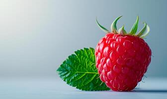 A raspberry is sitting on top of a green leaf photo
