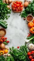 Fresh vegetables and herbs arranged in a circle on a white background photo
