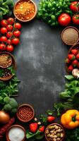 A blackboard with various vegetables and spices photo