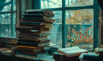 A stack of books on a window sill photo