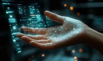 Hand interacting with futuristic holographic interface, manipulating digital information in augmented reality photo