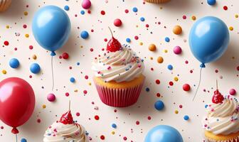 Delicious cupcakes topped with whipped cream, cherries, and colorful sprinkles create a festive scene alongside floating balloons photo