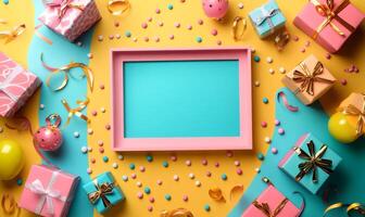 Flat lay composition with blank pink frame, colorful gift boxes, ribbons, and candies creating festive atmosphere photo