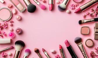Makeup brushes, lipsticks, eye shadows, and blush are surrounding a pink copy space, creating a frame with small pink flowers photo