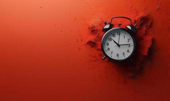 Black alarm clock is half-covered by red sand on a red background, symbolizing time running out photo