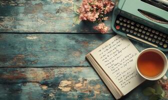 Overhead view of a vintage workspace with a typewriter, open notebook with handwritten text, cup of tea, and pink flowers on a rustic wooden table photo