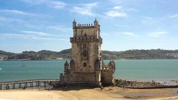 Aerial view of Belem Tower in Lisbon with tourists visiting video