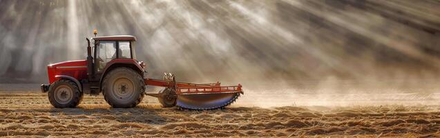 Red tractor plowing field at sunset with sunbeams shining through the dust photo