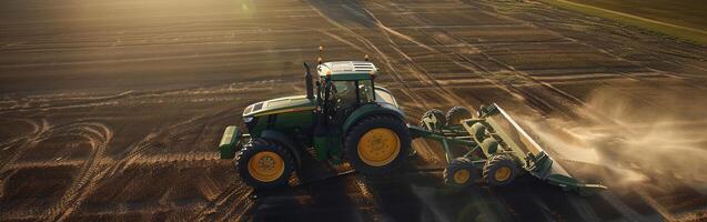 Modern tractor cultivating vast field at sunrise for sustainable farming photo