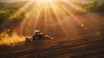 Sunlit tractor plowing field at sunrise amid stunning rural landscape photo