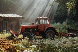 Red tractor in sunlit meadow with rustic shed and lush greenery photo