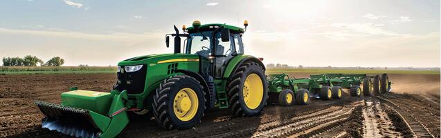 Modern green tractor plowing field at sunrise with clear sky in rural landscape photo
