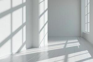 Minimalist sunlit interior with geometric shadows and pristine white walls photo