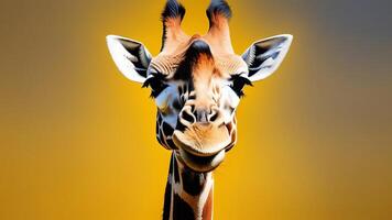 A close-up of a giraffe, capturing its curious expression against a yellow backdrop photo