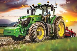 Powerful green tractor at sunset, modern agriculture in action photo