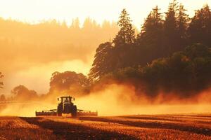 Tractor plowing field at sunrise with misty forest background photo