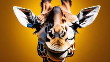 A close-up of a cute giraffe, capturing its curious expression against a yellow backdrop photo