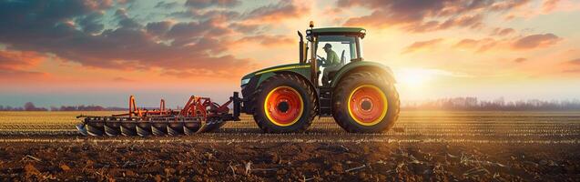 Tractor cultivating field at sunset, modern agriculture and farming technology photo