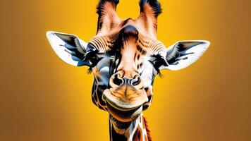 A close-up of a smiling giraffe, capturing its curious expression against a yellow backdrop photo