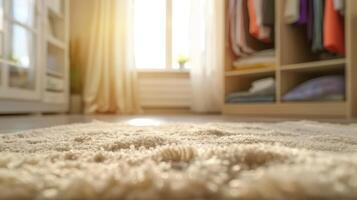 Cozy sunlit bedroom with soft plush carpet and open closet photo