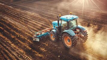 Modern blue tractor plowing field at sunrise, farming technology and agriculture progress photo
