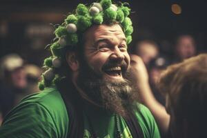 Man with a green shirt and a green headband is smiling. photo