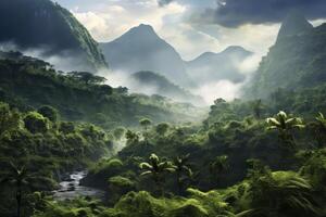 A lush green jungle with a river running through it photo