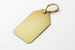 Blank gold colored price tag with a jute string loop lies on a white background photo