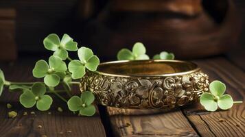 A gold bracelet is on a wooden table with green leaves photo