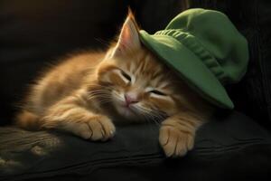 A cat wearing a green hat is sleeping photo