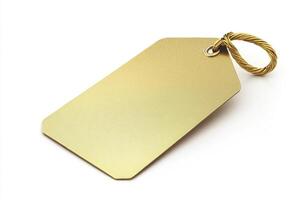 Gold colored price tag with a jute string loop lies on a white background photo