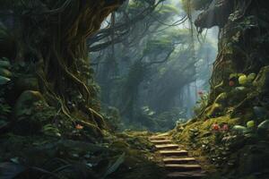 A forest with a path leading through it. photo