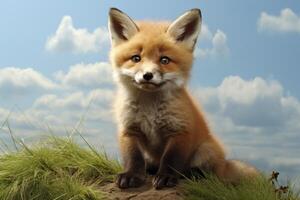 A small red fox is sitting on a hill. photo