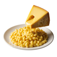 Macaroni and cheese with a piece of cheese being dipped into it png