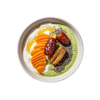 A bowl of green smoothie with dates, dates and chia seeds png