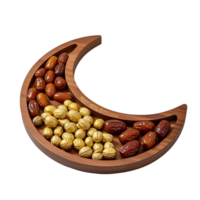A crescent shaped tray with nuts and dates png