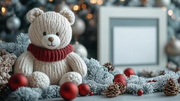 A teddy bear with a scarf and a red hat sits in front of a christmas tree photo