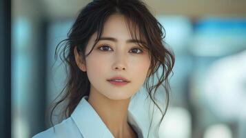 A beautiful woman with long hair and a white shirt photo