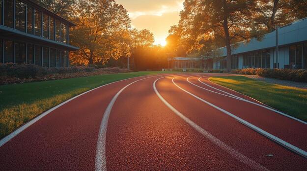 A running track in front of a building at sunset photo