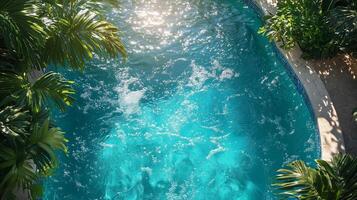 An aerial view of a pool surrounded by palm trees photo