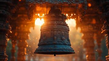 A bell is shown in the middle of a temple photo