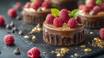 Chocolate cake with raspberries and gold leaf photo