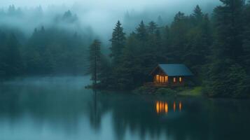 A small cabin sits on the edge of a lake photo